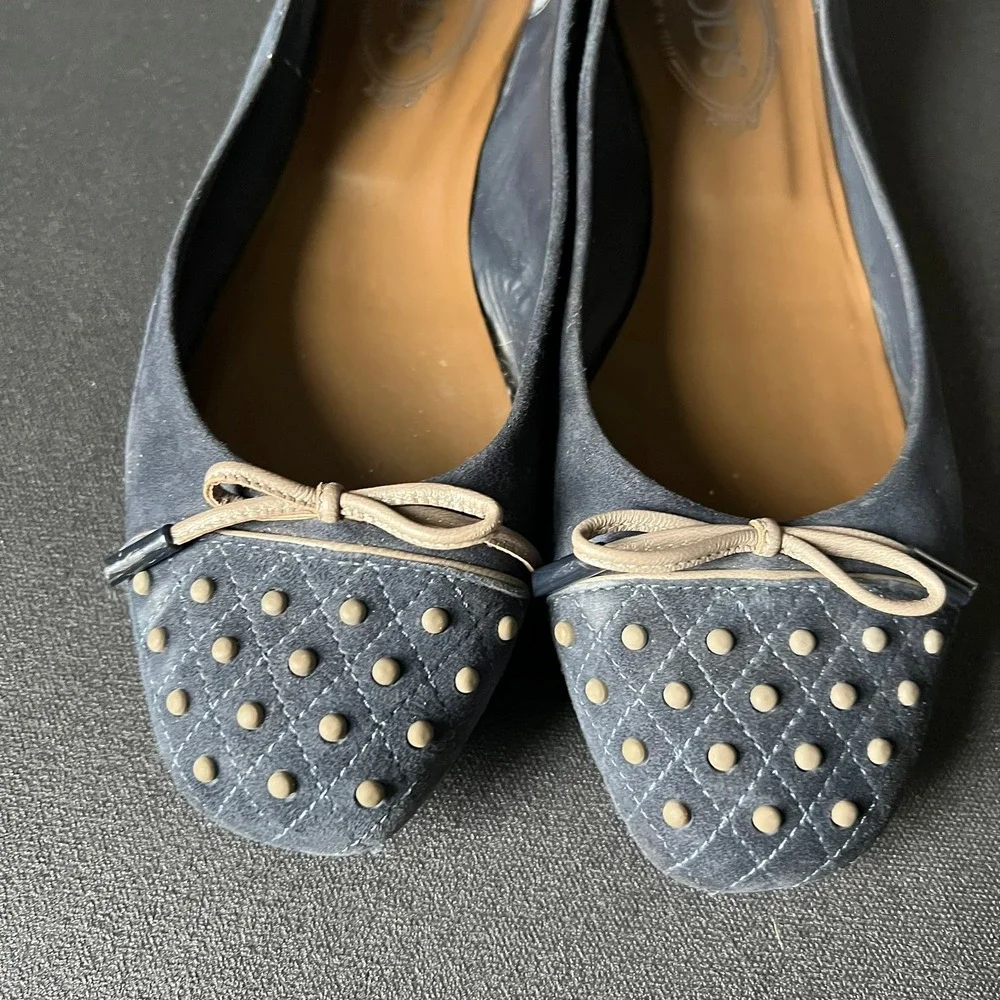 Tods Navy Blue Suede Quilted Studded Ballet Flats Shoes Made in Italy 38.5 US 8